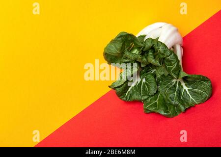 Stile di vita sano. Lattuga isolata su giallo e rosso Foto Stock