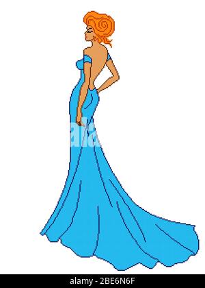Riassunto di elegante signora in abito blu lungo con occhi chiusi, colore pixelated illustrazione, può essere utilizzato nel ricamo Illustrazione Vettoriale