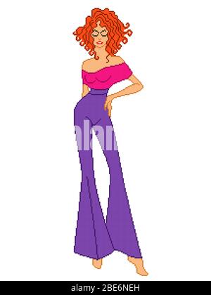 Donna astratta e moderna in blusa rosa con spalle aperte e pantaloni campanelli in colore viola, colore pixelated illustrazione, CAN Illustrazione Vettoriale