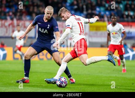 Lipsia, Germania. 10 Marzo 2020. Calcio: Champions League, Round of 16, RB Leipzig - Tottenham Hotspur nella Red Bull Arena. Timo Werner (r) di Lipsia e Eric Dier di Tottenham in azione. Credit: Jan Woitas/dpa-Zentralbild/dpa/Alamy Live News Foto Stock