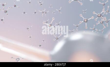 Struttura molecolare con illustrazione 3D. Chimica molecolare, sfondo con elemento molecolare dell'atomo. Background medico. Genoma al molecolare Foto Stock