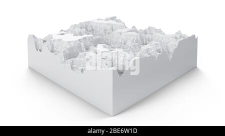 Mappa tridimensionale topografica in sezione trasversale. Linee di contorno su una mappa topografica. Studiare la geografia della zona: Colline, montagne e pianure Foto Stock