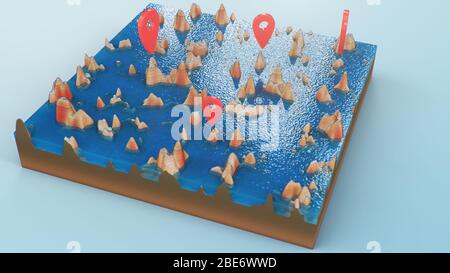 Puntatori rossi, marcatori sulla navigazione della mappa 3D. Linee di contorno su una mappa topografica. Studiare la geografia della zona: Colline, montagne e pianure Foto Stock