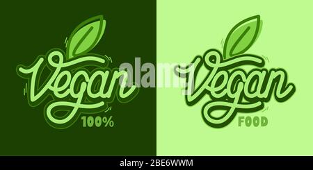 Testo di Vegan di parola con mano di foglia verde scritto la tipografia del vettore Illustrazione come logotipo, distintivo ed icona, cartolina, scheda, invito, volantino, banner Illustrazione Vettoriale