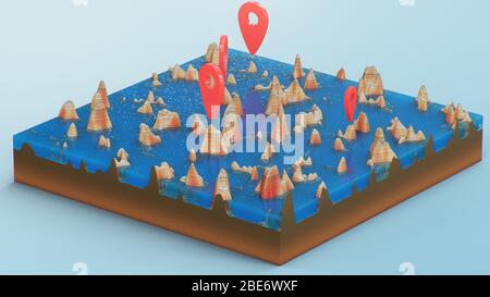 Puntatori rossi, marcatori sulla navigazione della mappa 3D. Linee di contorno su una mappa topografica. Studiare la geografia della zona: Colline, montagne e pianure Foto Stock
