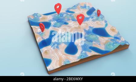 Puntatori rossi, marcatori sulla navigazione della mappa 3D. Linee di contorno su una mappa topografica. Studiare la geografia della zona: Colline, montagne e pianure Foto Stock