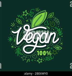 Testo di Vegan di parola con mano di foglia verde scritto la tipografia del vettore Illustrazione come logotipo, distintivo ed icona, cartolina, scheda, invito, volantino, banner Illustrazione Vettoriale