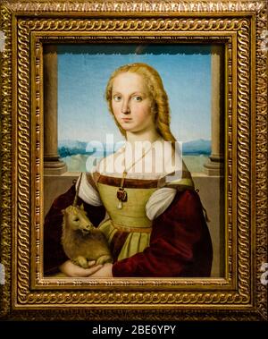 Unicorn Lady, ritratto di giovane donna con unicorno, dipinto rinascimentale femminile di Raffaello Sanzio da Urbino (Raffaello), Galleria Borghese, Roma Italia Foto Stock