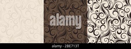 Set Vector di tre motivi floreali vintage senza cuciture beige e marrone. Illustrazione Vettoriale