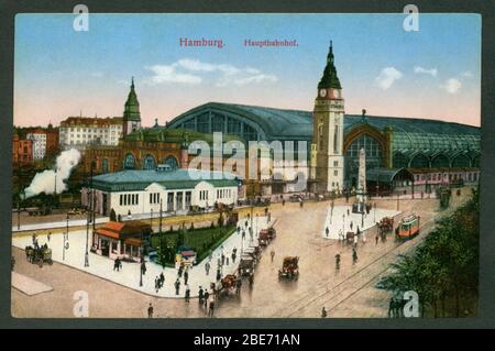 Europa, Deutschland, Hamburg, Hauptbahnhof, Farbpostkarte, verschickt 21. 05. 1915 , Verlag : W. B. L. H. N. 24 / Europa, Germania, Amburgo, stazione principale, cartoline a colori, inviato 21. 05. 1915, casa editrice: W. B. L. H., n. 24 . Foto Stock