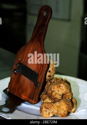 funghi freschi di tartufo bianco con affettatrici di legno Foto Stock