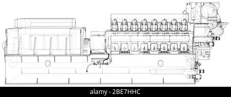 Generatore. Generatore elettrico industriale diesel e gas. I livelli delle linee visibili e invisibili vengono separati. Profilo del telaio del filo. Illustrazione Vettoriale