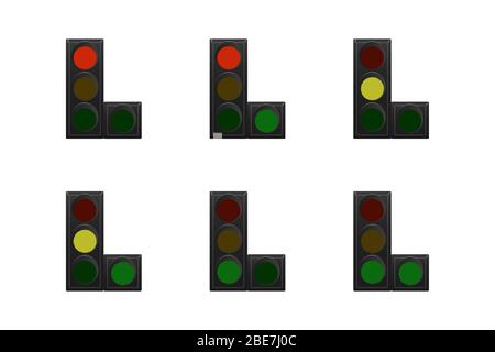 Semaforo. Rosso, giallo e verde. Il traffico è diritto e a destra. Illustrazione vettoriale. Illustrazione Vettoriale