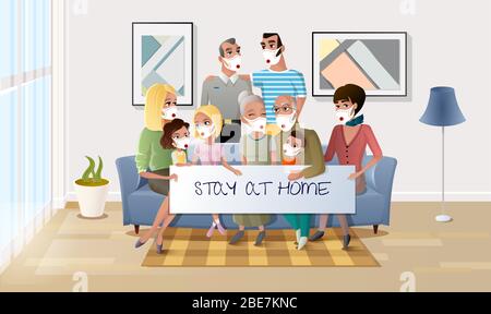 Famiglia in quarantena soggiorno a casa durante Pandemic Illustrazione Vettoriale