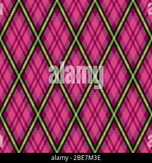 Pattern vettoriale completo Rhomb come plaid tartan principalmente nelle tonalità rosa e magenta con linee cachi Illustrazione Vettoriale