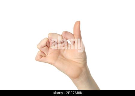 Primo piano di donna ipermobile mani piegando le dita isolato su bianco backgroud Foto Stock
