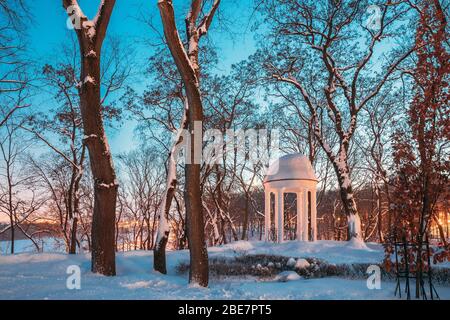 Gomel, Bielorussia. Il Parco della Città nella notte d'inverno. Gazebo nel parco. Giardino Pergola nella neve. Foto Stock