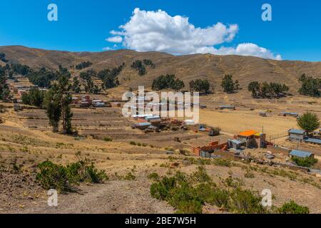 Agricoltura nella regione di Altiplano, Penisola Huata, Dipartimento la Paz, Bolivia, America Latina Foto Stock