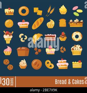 Pane e torte icone info-grafiche in stile piatto. Illustrazione Vettoriale