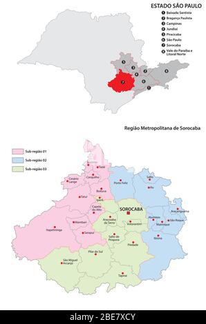 Mappa vettoriale amministrativa della Regione Metropolitana di Sorocaba Illustrazione Vettoriale