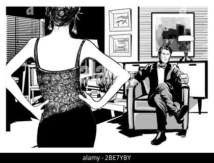 Uomo elegante su una poltrona che beve e donna in abito - illustrazione vettoriale Illustrazione Vettoriale