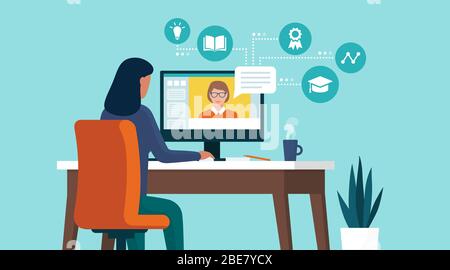 Donna che si connette con il suo computer a casa e seguendo corsi online, concetto di apprendimento a distanza Illustrazione Vettoriale