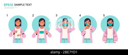 come indossare maschera viso medico covid-19 protezione donna asiatica presentazione passo dopo passo metodo corretto di indossare maschera per ridurre coronavirus diffusione orizzontale ritratto illustrazione vettoriale Illustrazione Vettoriale