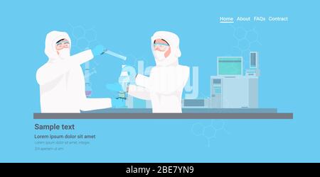 team di scienziati in possesso uniforme provette che lavorano in laboratori medici ricercatori che fanno esperimenti chimici moderni laboratorio orizzontale illustrazione vettoriale a tutta lunghezza Illustrazione Vettoriale