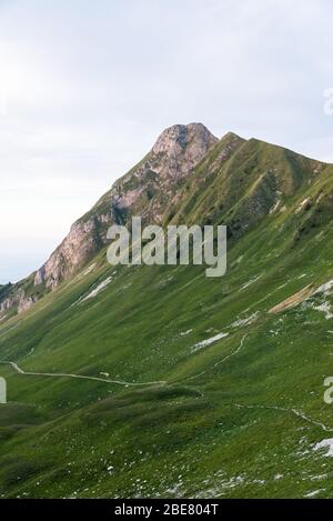 Sentiero escursionistico e sentiero nel Parco Naturale del Gantrisch nel cantone di Berna, nell'Oberland Bernese, nelle Alpi Bernesi, nelle Alpi svizzere, in Svizzera, nell'Europa occidentale Foto Stock