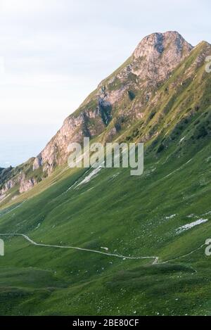 Sentiero escursionistico e sentiero nel Parco Naturale del Gantrisch nel cantone di Berna, nell'Oberland Bernese, nelle Alpi Bernesi, nelle Alpi svizzere, in Svizzera, nell'Europa occidentale Foto Stock