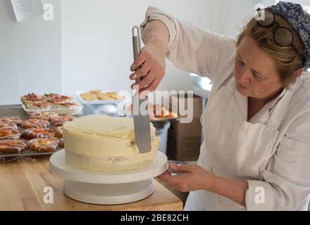 Patisier scozzese Louise Paterson glassa una torta di Hummingbird Foto Stock