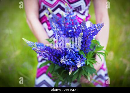 Molto bella giovane donna che tiene grande e bel bouquet di fiori freschi colorati colori, foto ritagliata, bouquet primo piano, nessuna vista viso di fiorista in Foto Stock