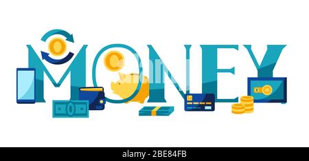 Illustrazione bancaria con icone di denaro. Illustrazione Vettoriale