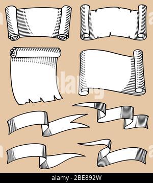 Vintage Set vettoriale di striscioni e striscioni a mano. Nastro a scorrimento vintage, disegno retro nastro decorazione illustrazione Illustrazione Vettoriale