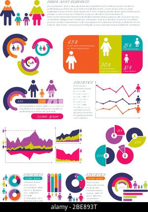 Persone infografiche vettoriali di popolazione con business grafici, diagrammi e icone uomo donna. Concetto economico globale. Popolazione e demografia grafico illustrazione di visualizzazione Illustrazione Vettoriale