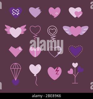 Cuori icona piatta ambientato in viola e rosa colori isolati su uno sfondo viola scuro.simbolo di relazioni, sentimenti, anime, icona amore, segno emozione.V. Illustrazione Vettoriale