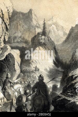 Campagne d'Italie ; "Passage des Alpes par Charlemagne (747-814), roi des Francs pour combattre les Lombards, 773" (conquista del regno longobardo: Foto Stock