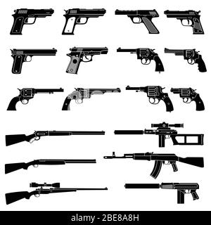 Icone vettoriali per armi automatiche e pistole. Pittogrammi militari di combattimento sulle armi da fuoco. Pistola e arma automatica, fucile e arma da fuoco, illustrazione vettoriale Illustrazione Vettoriale