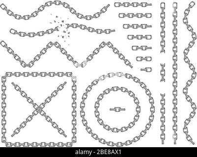 Catene metalliche vettoriali isolate. Icone e pennelli cromati impostati. Maglia rotta della catena, illustrazione della catena di collegamento della linea forte Illustrazione Vettoriale