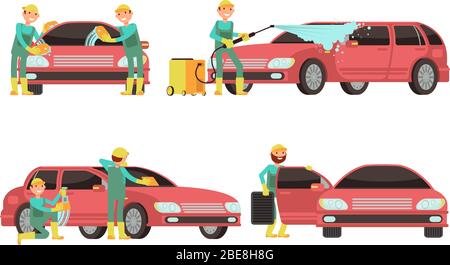 Servizi di lavaggio auto concetti vettoriali con auto e pulitori. Lavare l'auto con schiuma e sapone Illustrazione Vettoriale