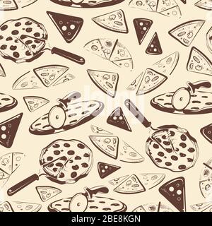 Pizza vintage con fette di motivo senza cuciture. Pizza cibo di sfondo, illustrazione vettoriale Illustrazione Vettoriale