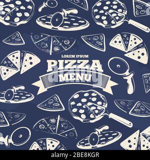 Design del menu della pizza vintage. Modello di disegno del cibo per il menu. Illustrazione vettoriale Illustrazione Vettoriale
