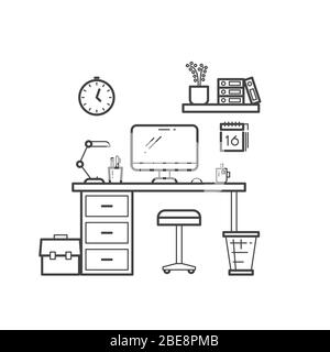 Concetto di linea Workspace - delineare il luogo di lavoro con il computer su sfondo bianco. Illustrazione vettoriale Illustrazione Vettoriale