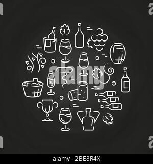Icone della linea delle bevande - logo del vino sulla lavagna. Alcool per disegno in vetro, illustrazione vettoriale Illustrazione Vettoriale