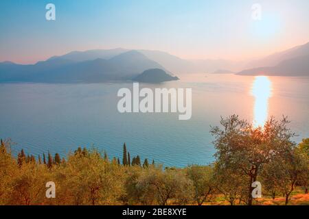 Estate lago di Como bellissimo paesaggio all'alba, Lombardia, Italia. Alpi montagne sullo sfondo. Foto Stock