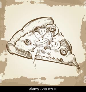 Pizza disegnata a mano su sfondo vintage grunge - poster fast food. Illustrazione vettoriale Illustrazione Vettoriale