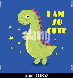 T shirt bambini stampa etichetta con cute dinosauro. Divertente animale fresco, monster banner per l'illustrazione camicia Illustrazione Vettoriale