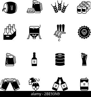 Icone vettoriali birra e birra impostate. Bottiglie e simboli di vetro della birreria. Icone della birra monocromatiche, bottiglia di vetro di alcol e barile Illustrazione Vettoriale