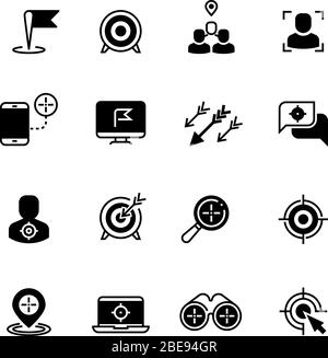 Icone di obiettivo e di destinazione. Strategia di targeting e obiettivi aziendali simboli vettoriali. Illustrazione di vendita di strategia e di affari di obiettivo Illustrazione Vettoriale