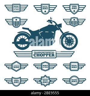 Silhouette moto sportiva e etichette vintage. Bikers ride retro alato loghi vettore set. Emblema moto con ali Illustrazione Vettoriale